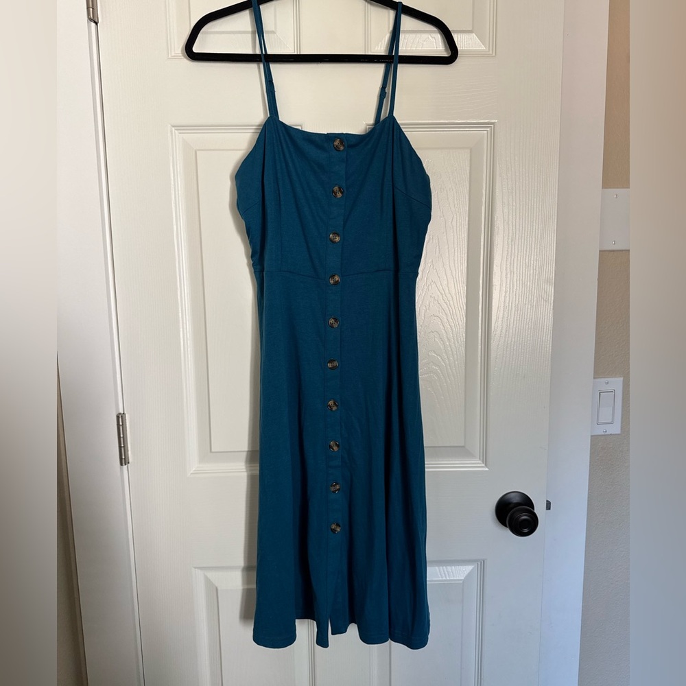 Teal Button-Front Midi Dress with Thin Straps